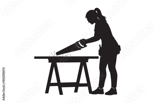 Female Carpenter Sawing Wood on Sawhorse Silhouette