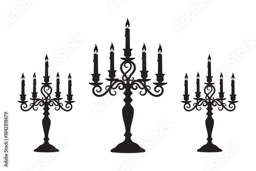 Set of Ornate Vintage Candelabra with Burning Candles Silhouette