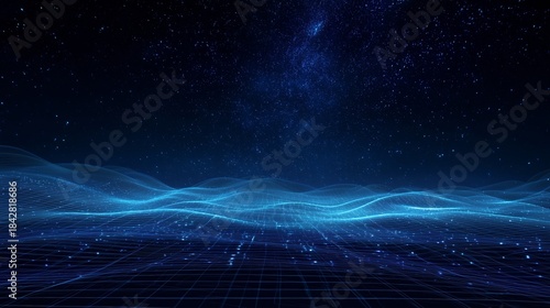 Vibrant Digital Waveforms Across a Starry Night Sky Representing Futuristic Technological Possibilities and Innovation