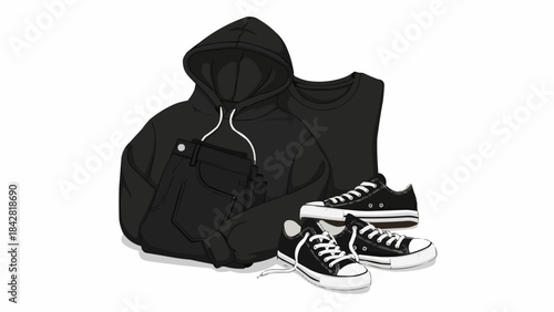 Black hoodie and canvas sneakers outfit.