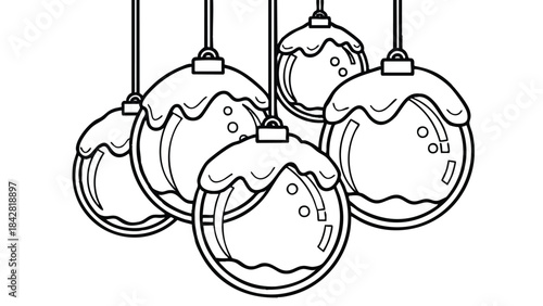 Illustration of five Christmas ornaments hanging with icing designs on them