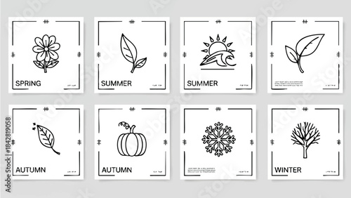 Seasonal illustrations showcase spring, summer, autumn, and winter through leaf and flower graphics.