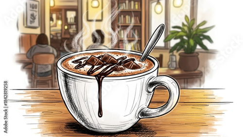 Indulgent Coffee Delight: A steaming cup of coffee, adorned with chocolate, rests on a wooden table. the image focuses on the drink. the atmosphere evokes warmth and coziness.