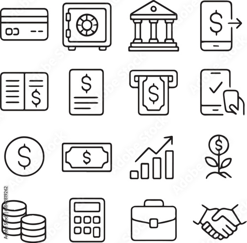 Clean Banking and Money Management Line Icons for Finance Use