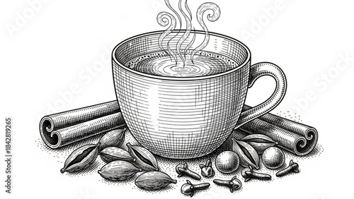Aromatic Brew: A detailed illustration of a steaming cup, enhanced by cinnamon sticks and aromatic spices, captures the essence of a warm, inviting beverage.