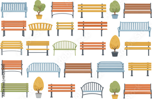 Collection of colorful park benches and decorative trees showcasing outdoor seating, urban landscape elements, garden furniture design