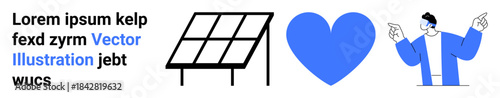 Renewable energy, sustainability, environmental care, solar power, eco-friendly solutions, gestures. Black solar panel, blue heart icon person gesturing. Renewable energy and sustainability concepts