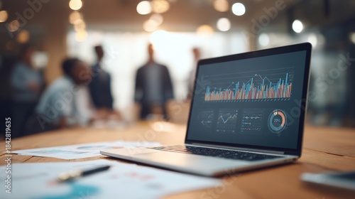 Laptop Displaying Business Data: A laptop displays intricate business data in a modern office environment, symbolizing insights, strategy, and technological advancement in a corporate setting.