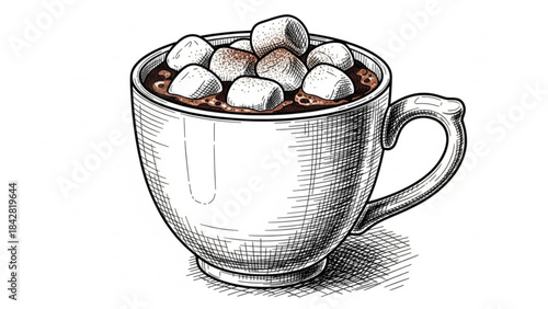 Warm Cocoa Bliss: A comforting illustration of a steaming mug filled with rich, dark cocoa and fluffy marshmallows, inviting a moment of cozy indulgence.