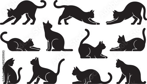 Collection of elegant black cat silhouettes in various poses graceful feline movement art