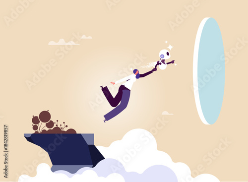 Concept of artificial intelligence as assistant, support, and guidance for success and opportunity, achieving goals, AI robot helping a businesswoman cross a cliff to the gate of success