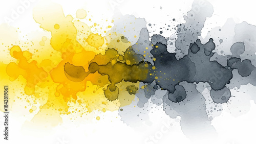 Abstract watercolor splash background with vibrant yellow transitioning to dark grey, creating a dynamic artistic effect.