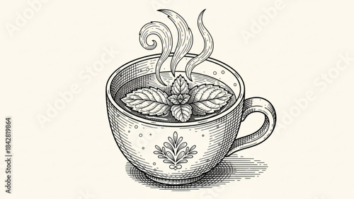 Aromatic Herb Tea in Porcelain Cup: A hand-drawn illustration captures a delightful cup of herbal tea, featuring delicate steam rising from the liquid, and a fresh herb floating gently on the surface.