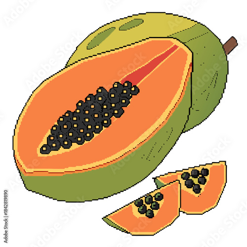 A pixel art style illustration depicting a papaya fruit, one half cut open to show the orange flesh and black seeds, with two small slices beside it. The background is white.