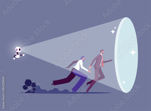 Robotic using flashlight to help team business on success, Using AI to find direction and goals of the organization's business, business people run to opportunities, right direction of company develop