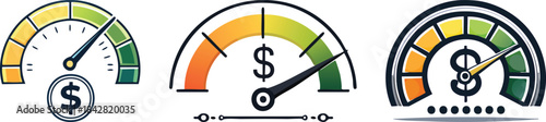 Cost efficiency outline icon with speedometer and dollar symbol in bold clean minimal business style