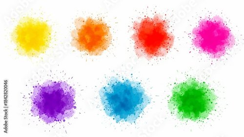 Eight vibrant watercolor paint splatters in various bright colors including yellow, orange, red, pink, purple, blue, and green on a clean white background.