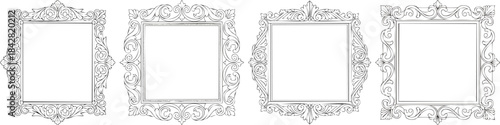 Hand drawn picture frame doodle with vintage baroque border and swirling ornamental lines in minimal style