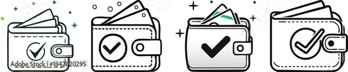 Efficient spending outline icon with thick black wallet and checkmark symbol in clean minimal line design