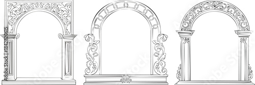 Fancy swirl picture frame single line decorative arch border with vintage ornamental curls in elegant style
