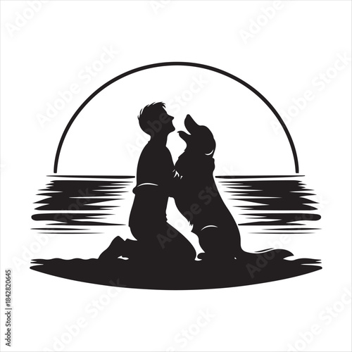 Golden Retriever Dog Hugging Owner at Sunset vector Silhouette outline logo design concept illustration