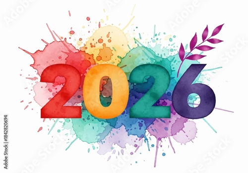 Colorful watercolor splashes forming the year 2026 with a decorative purple branch.