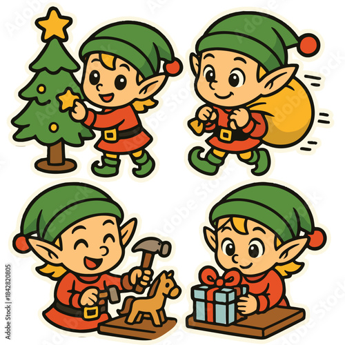 “holiday elf working sticker pack, thick outline”