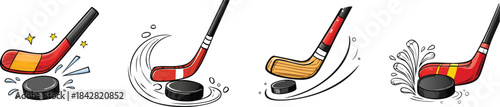 Hand drawn ice hockey stick hitting puck showing dynamic motion in clean sporty minimal line drawing