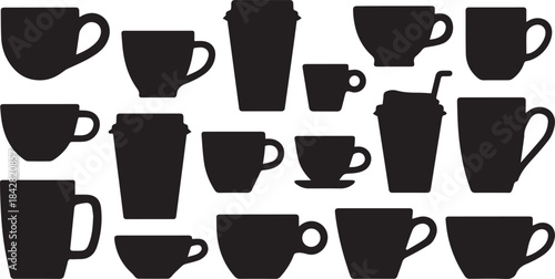 Diverse collection of coffee cup silhouettes isolated on white for design projects