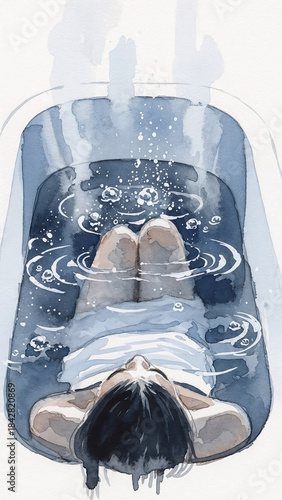 Woman relaxing in bathtub surrounded by water and steam