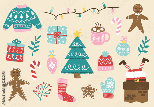 Colourful Christmas element set. Festive tree, ball, present, sock, cookie, cup, hat, sweater, gloves. Vector illustration