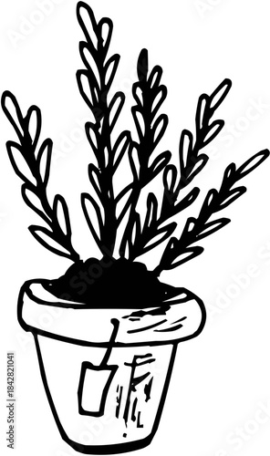 Hand-Drawn Sketch Flower Pot with Growing Plant Outline