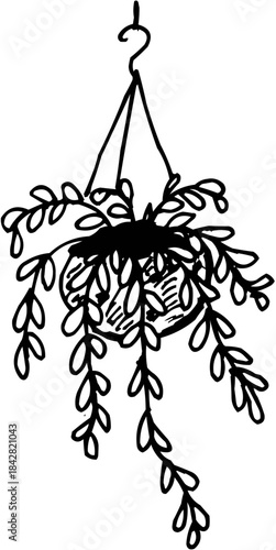 Hand-Drawn Sketch Hanging Flower Pot with Plant Outline