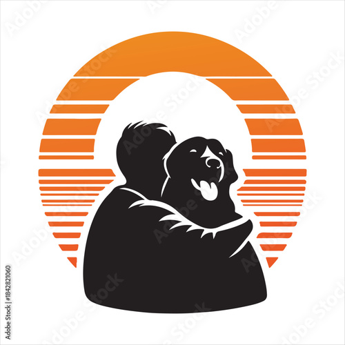 Golden Retriever Dog Hugging Owner at Sunset vector Silhouette outline logo design concept illustration