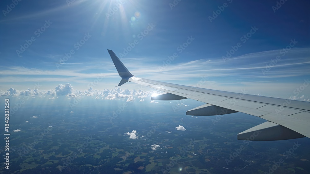 Obraz premium View from airplane wing during daytime flight, with clouds below and bright sun in the sky.