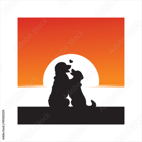 Golden Retriever Dog Hugging Owner at Sunset vector Silhouette outline logo design concept illustration
