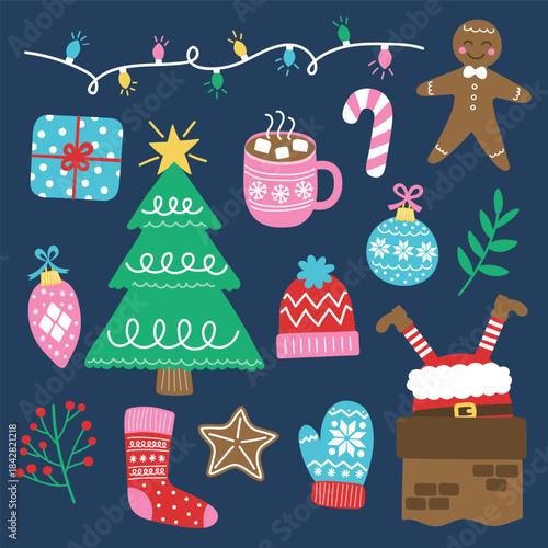 Colourful hand drawn Christmas element set. Christmas tree, ball, present, sock, cookie, cup, hat, sweater, gloves. Vector illustration