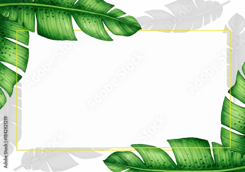 A vibrant tropical border design featuring lush green banana leaves framing a blank white rectangular space, perfect for invitations or announcements.