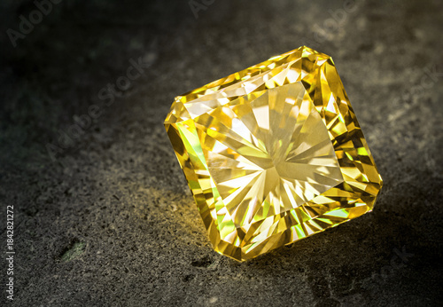 A yellow diamond is sitting on a grey surface