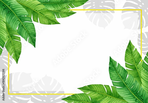 Vibrant tropical frame with green banana leaves and subtle monstera leaf background, perfect for invitations or summer designs.