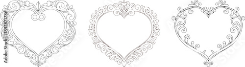 Heart shaped vintage frame doodle with ornamental curls forming cute retro gallery border in minimal line art