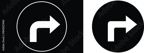 White right turn arrow in circle on black background and black right turn arrow in circle on white