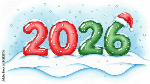 Festive red and green 2026 numbers covered in snow with a Santa hat on the six, set against a snowy background with falling snowflakes, celebrating New Year and winter holidays.