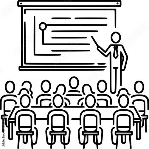 Business Presentation: A mentor, gesturing to a whiteboard chart, leads a lecture for a group of eager students in a modern business classroom setting, teaching business principles.