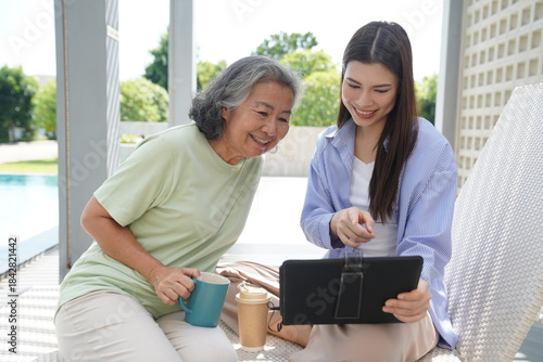 Wallpaper Mural Happy family relaxing together at home outdoor with coffee Torontodigital.ca