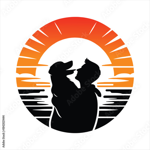 Golden Retriever Dog Hugging Owner at Sunset vector Silhouette outline logo design concept illustration