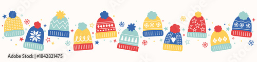 Christmas banner in cartoon style. Background decorated with winter hats. Vector illustration