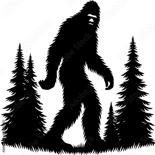 Bigfoot Silhouette in Forest: Silhouette of the legendary Bigfoot striding through a lush, verdant forest, shrouded in mystery and wilderness.  A classic, bold visual statement.