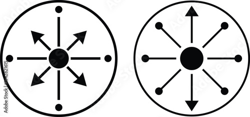 Two black circular diagrams with radiating lines and arrows showing outward movement black and white