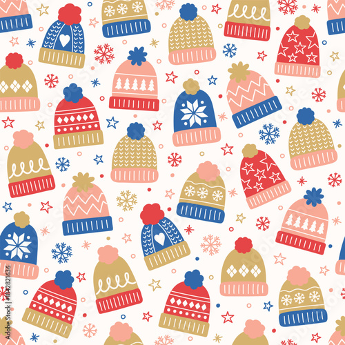 Cute hand drawn winter hat background. Design of a Christmas seamless pattern. Vector illustration